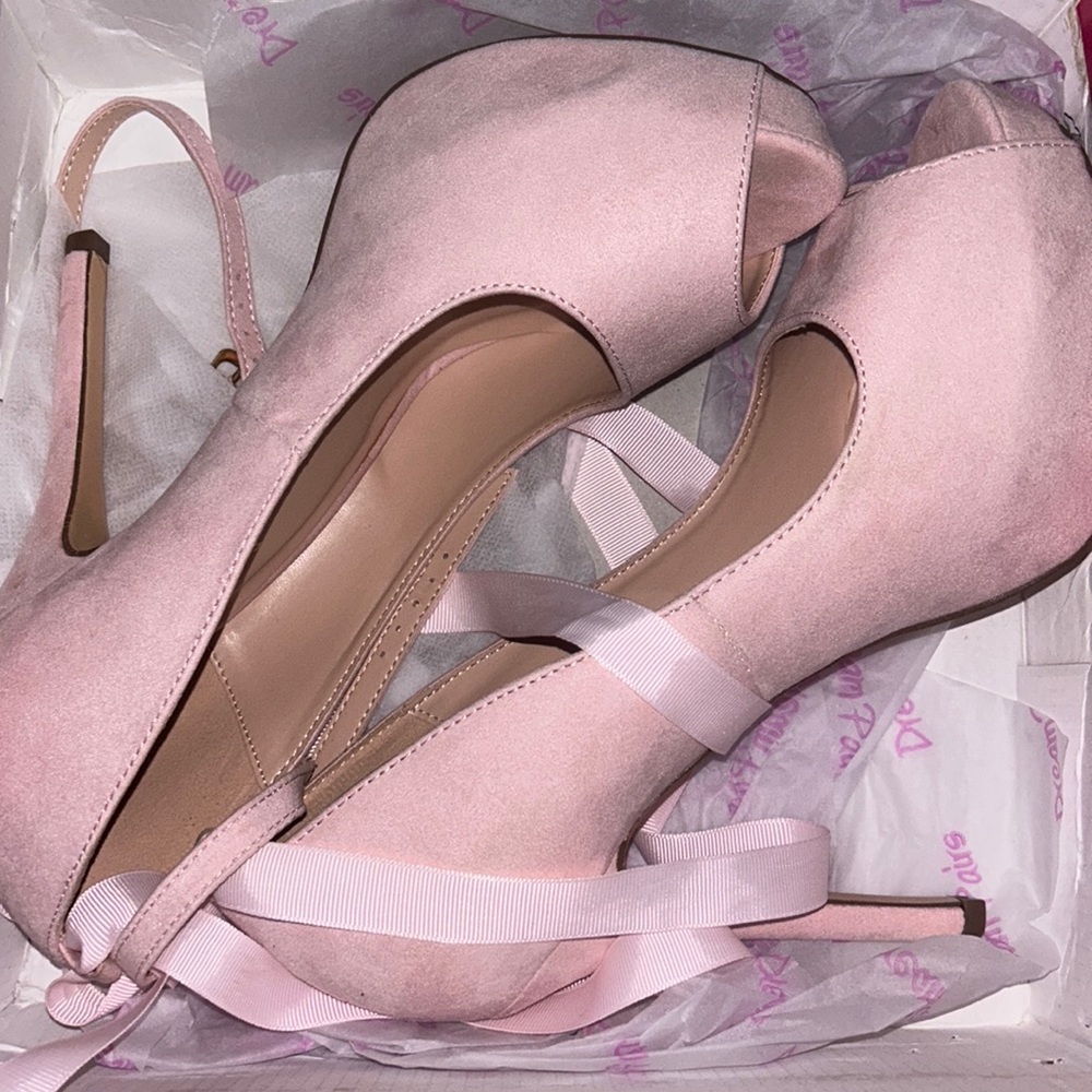 Pink suede tie up pumps worn twice.